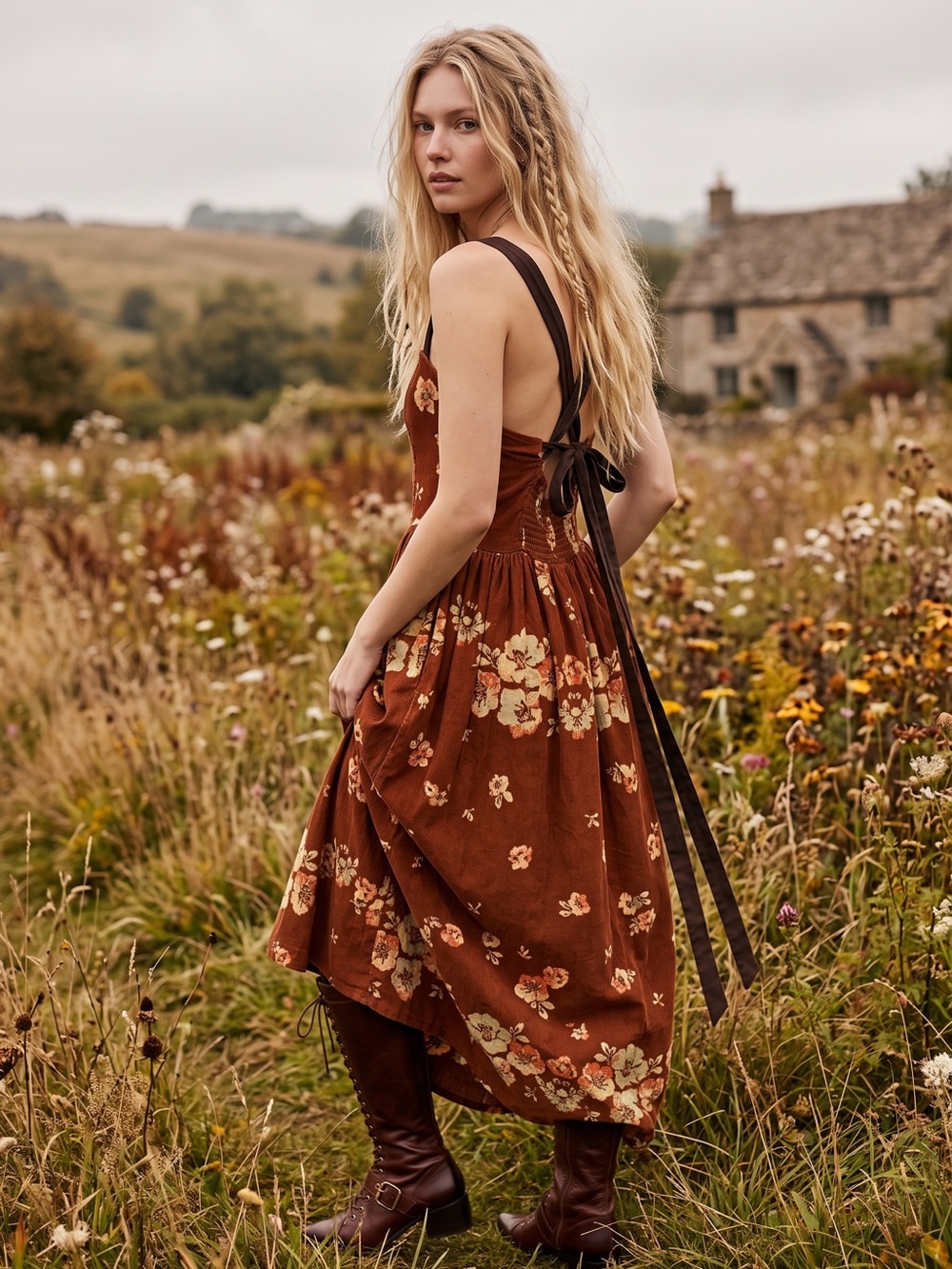Free People Dainty Cottage Micro Corduroy Until Dawn Midi Dress Brown Large - Picture 3 of 17